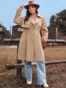 SHEIN VCAY 大码女式单排扣长款休闲长袖外套，纯色，秋季