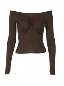 女式休闲纯色露肩褶皱修身长袖 T 恤，秋季 - 棕色 - 查看 3