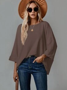 EMERY ROSE 1pc Women's Solid Color Round Neck Long Sleeve Casual T-Shirt