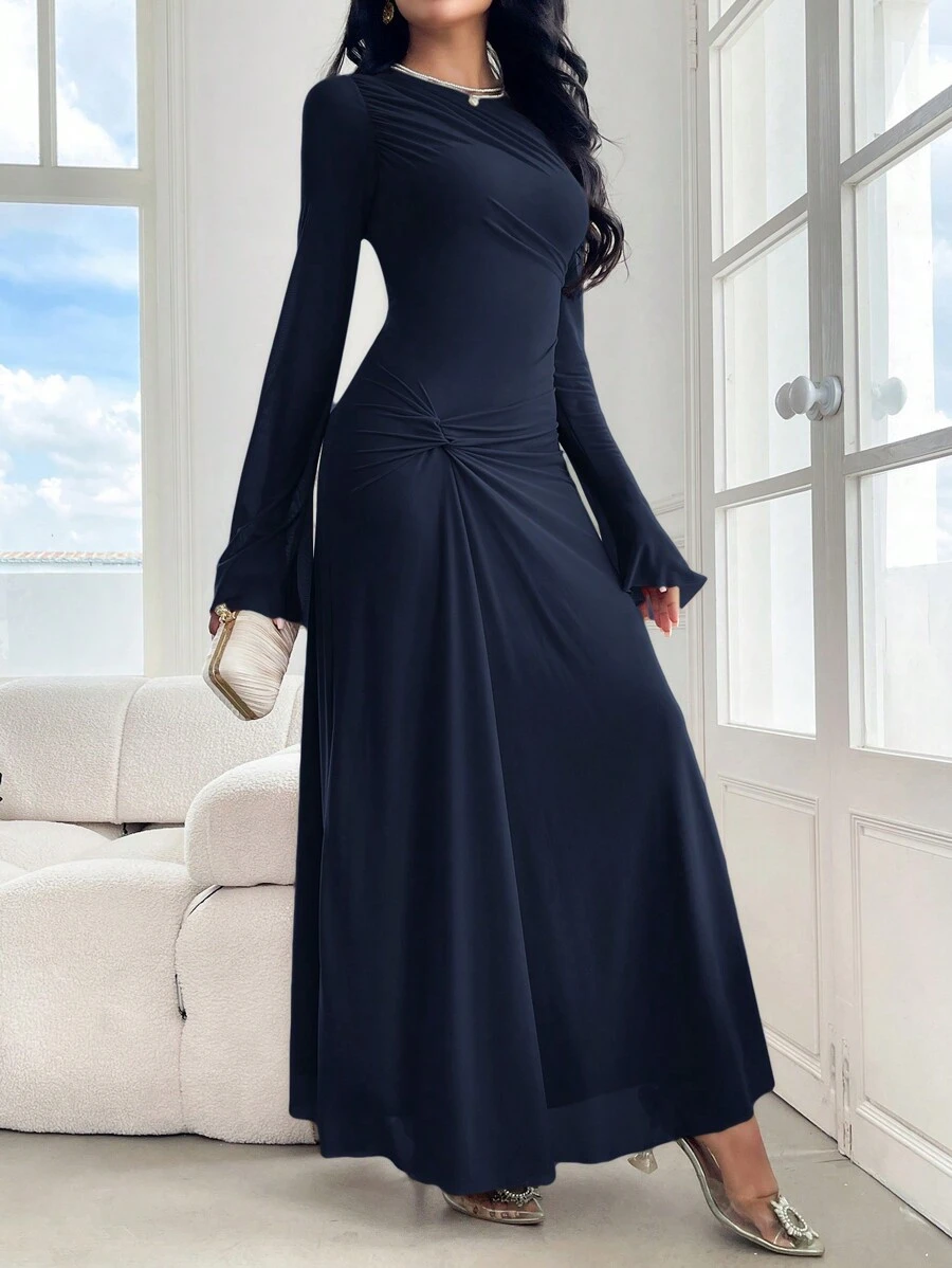 Modelyn 女士纯色圆领扭结设计优雅长袖连衣裙长款晚礼服 - 藏蓝色 - 查看 1