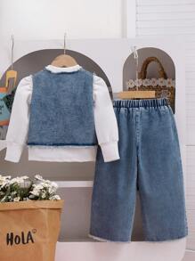 SHEIN Young Girl Casual Outfit: Frayed Edge Single-Breasted Denim Vest, Solid Color Puff Sleeve T-Shirt And Wide Leg Jeans Set, For Autumn - White - View 2