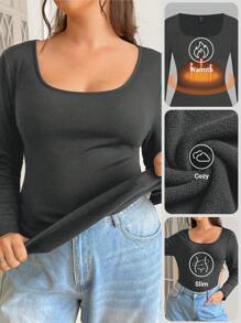 SHEIN EZwear Plus Size Vrouwen Dik Warm Rekbaar Fluwelen Gevoerd Strak Fit T-shirt, Herfst/Winter Thermisch