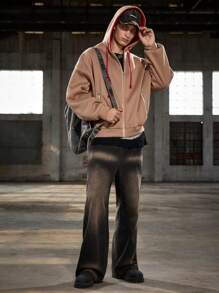 Manfinity VCAY Men's Fashionable Casual Patchwork Loose Fit Long Sleeve Hoodie Sweatshirt For Young People, Daily Wear, For Fall Winter - Camel - View 3