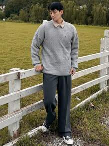 DAZY Men's Embroidered Pattern Casual Lightweight Sweater, Autumn - Grey - View 3