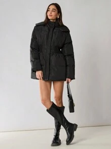 Enchnt Abrigo casual con capucha con cremallera y acolchado de unicolor para mujer, para invierno