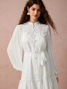 Enchnt Women's Elegant White Summer Graduation A-Line Dress,Solid Color Embroidered Front Button Long Sleeve Ruched Casual Fall Winter Christmas Clothing - White - View 3