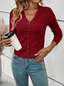 SHEIN Frenchy Áo khoác cardigan cài nút màu trơn thường ngày cho nữ, mùa xuân/thu - Màu Đỏ Sâu - Xem 5