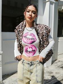 SHEIN 2024 Autumn/Winter Casual Streetwear Stylish Leopard Print Padded Gilet Vest For Teenage Girls - Multicolor - View 7