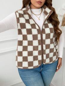 SHEIN LUNE 大码格子前拉链无袖夹克，休闲日常穿着冬季服装度假装