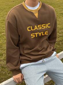 DAZY Men's Casual Contrast Color Letter Print Pullover Sweatshirt, Autumn Vacation - Brown - View 6