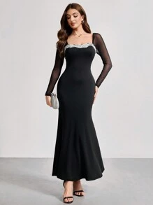 SHEIN Belle Elegante vestido de noche para mujer con mangas farol de malla, cuello cuadrado y bajo de cola de pez, vestido negro