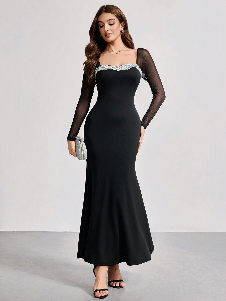 SHEIN Belle Elegante vestido de noche para mujer con mangas farol de malla, cuello cuadrado y bajo de cola de pez, vestido negro