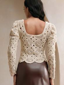 Anewsta Elegant Square Neck Hollow Out Retro Crochet Lantern Sleeve Top, Suitable For Spring & Autumn - Apricot - View 2
