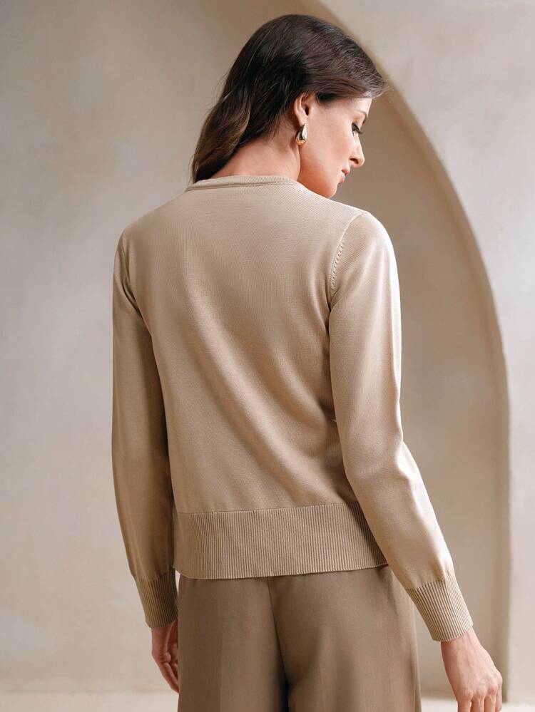 1pc Women Khaki Christmas Floral Embroidery Rhinestones Decor Cardigan, Elegant And Soft, Suitable For Spring/Autumn