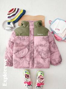 SHEIN Tween Girls Urban Casual Style Colorblock Ink Painting Print Padded Coat With Hood, Comfortable & Warm, Suitable For Daily Wear & Streetwear For Girls, 10-16 Years Old - Multicolor - View 2