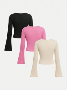 Girlism Bộ 3 áo thun dệt kim tay dài cổ tròn thu đông cho bé gái tuổi teen, màu be, hồng, đen, thường ngày, thoải mái, ấm áp, mua 1 tặng 2 - Nhiều màu - Xem 2