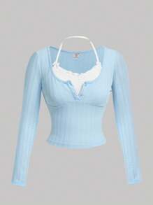 SHEIN Girlism Teen Girl Kawaii Ballet Bow & Lace Trim Blue & White Long Sleeve 2-In-1 T-Shirt - Blue and White - View 1