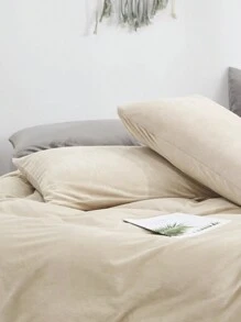 3pcs Beige Velvet Quilt Cover & Pillow Case Set, Twin/Full/Queen/King Size, Warm For Autumn/Winter