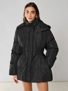 Enchnt Abrigo casual con capucha con cremallera y acolchado de unicolor para mujer, para invierno