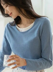 DAZY 女士优雅圆领撞色长袖针织毛衣，秋季服装 - 藍色 - 查看 6