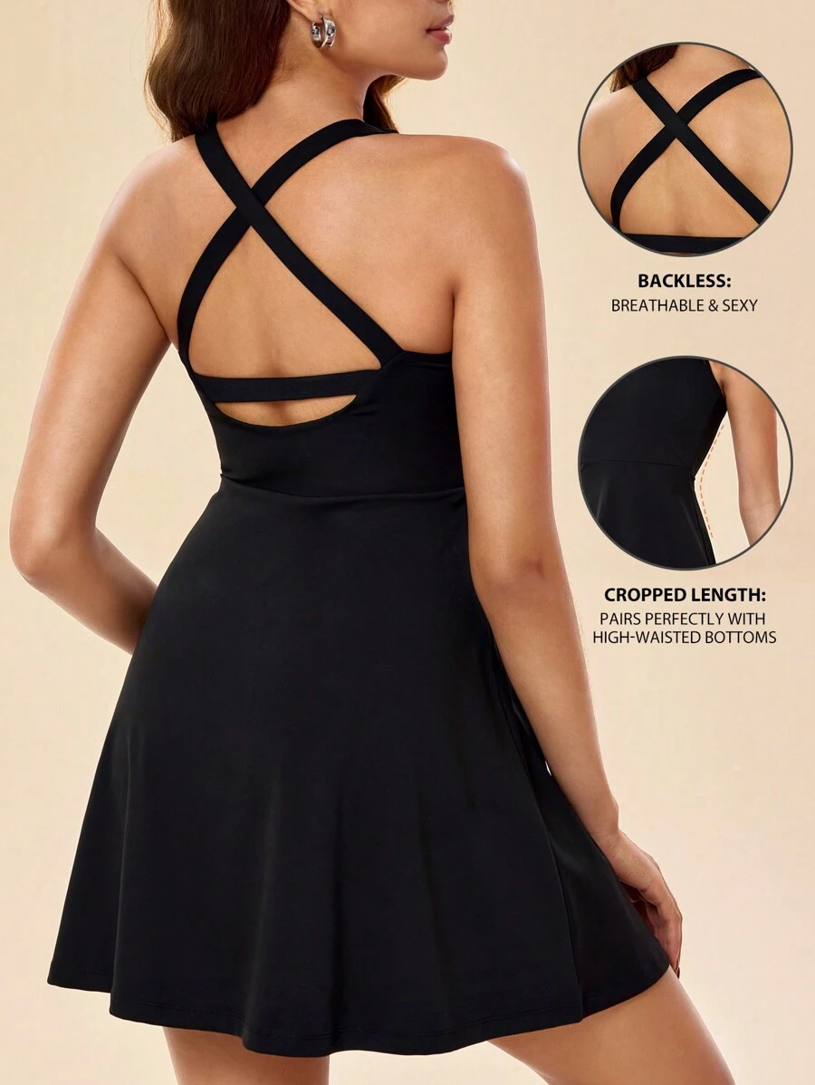 SHEIN Sports Women Summer Minimalist Solid Color Stretchy Criss Cross Back Sports Dress - Black - View 1