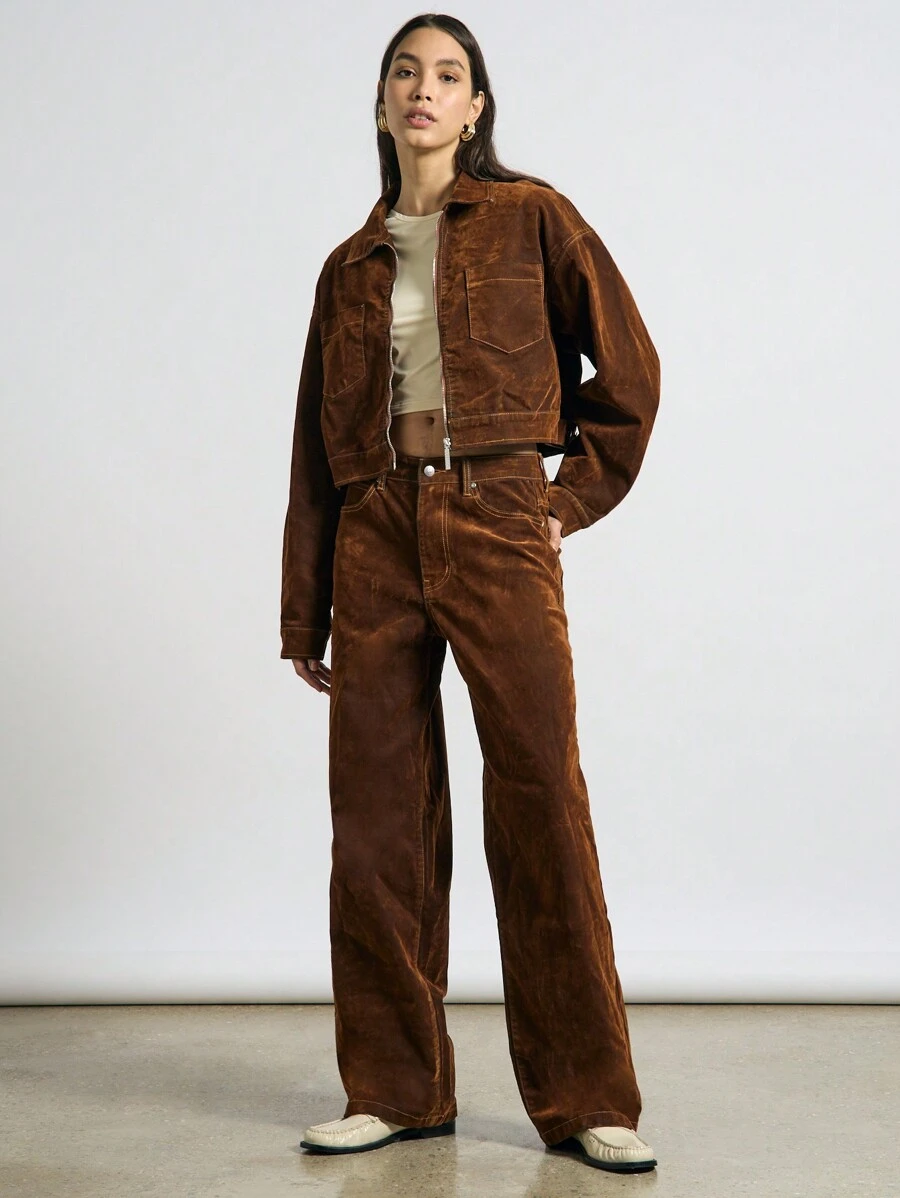 AiiRZ Denim Flocked Button Front Jacket And Baggy Jeans Two-Piece Co-Ord Set - Brown - View 1