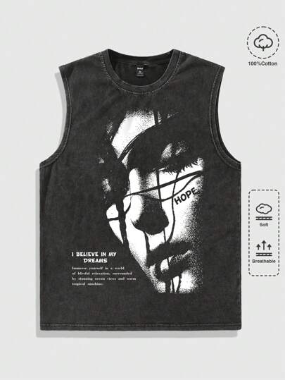 Grunge Punk Top sin mangas con retrato distorsionado y copos de nieve de lavado vintage, adecuado para el estilo de alta calle de primavera y verano para hombre