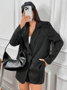 Muchica 2 chiếc/bộ áo khoác blazer kẻ sọc cho nữ và chân váy kẻ sọc - màu đen - Xem 5