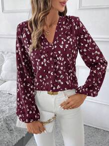 SHEIN Clasi 女士休闲全身印花 V 领灯笼袖宽松衬衫，适合春秋季节 - 酒紅色 - 查看 6