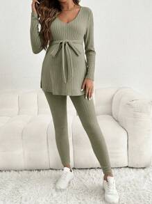 SHEIN 2pcs/Set Maternity Casual Solid Color V-Neck Ribbed Long Sleeve Top With Adjustable Waist Band And Leggings, And Leggings, Spring/Autumn - Army Green - View 3