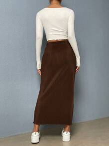 SHEIN Essnce Casual Solid Color Textured Skirt For Autumn - Brown - View 2