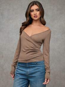 SHEIN BAE T-shirt décontracté simple pour femmes en cachemire beige confortable et sexy col en V à manches longues, pour une utilisation quotidienne et des sorties décontractées