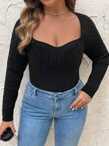 SHEIN Clasi Suéter holgado de punto sólido negro con cuello cuadrado ajustado y cuerda trenzada para mujeres talla grande, otoño/invierno - Negro - Ver 5