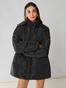 Enchnt Abrigo casual con capucha con cremallera y acolchado de unicolor para mujer, para invierno