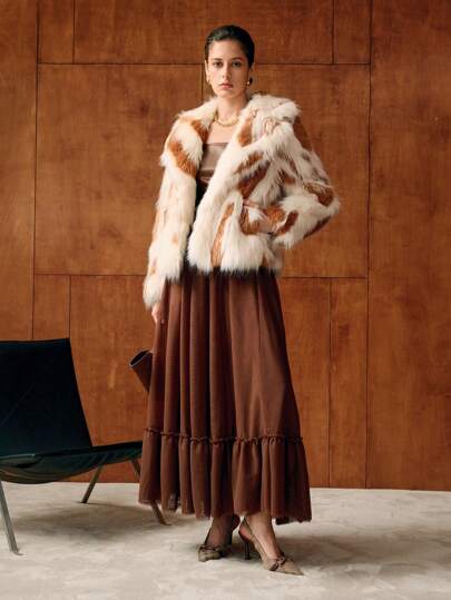 MOTF PREMIUM FLUFFY COLORBLOCK LAPEL COLLAR COAT