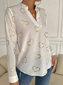 SHEIN Privé Heart Print Notched Neck Blouse - White - View 3