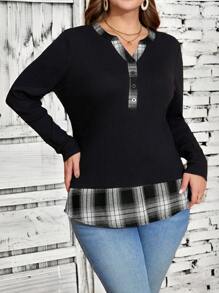 EMERY ROSE 大码女式拼布格子 V 领长袖休闲 T 恤，秋季女装 - 黑與白 - 查看 1