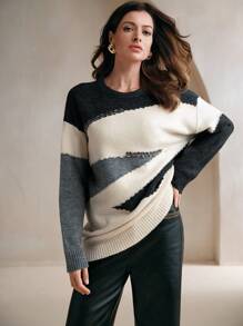 Anewsta Autumn/Winter Rhinestone Contrast Color Patchwork Knitted Loose Elegant Casual Christmas Sweater  Fall Outfit