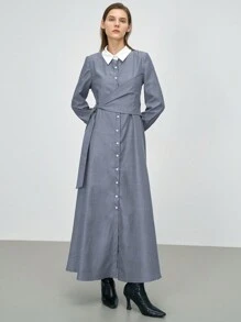 Mulvari Women's Solid Color Splice Front Button Long Sleeve Simple Long Casual Arabian Modest Dress - Blue - View 4