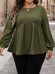 SHEIN LUNE Plus Size Women Solid Color Round Neck Long Sleeve Ruffle Hem T-Shirt, Autumn Plus Size Fall Clothes