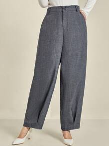 Plus Size Women Grey Textured Woven Casual Pants With Pockets Fall Cloth For Women - Grey - View 5