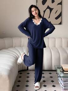 DAZY 2pcs Women Soft Sleepwear Pajama Set , V-Neck Color Block Lace Trim Long Sleeve Top And Pants, Fall Winter Clothes - Navy Blue - View 3