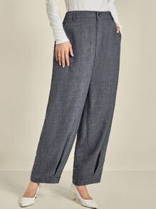 Plus Size Women Grey Textured Woven Casual Pants With Pockets Fall Cloth For Women - Grey - View 8