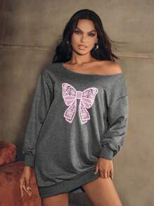 Zolique Sudadera larga asimétrica de hombro con estampado de lazo rosa sexy para mujer, otoño - Gris - Ver 4