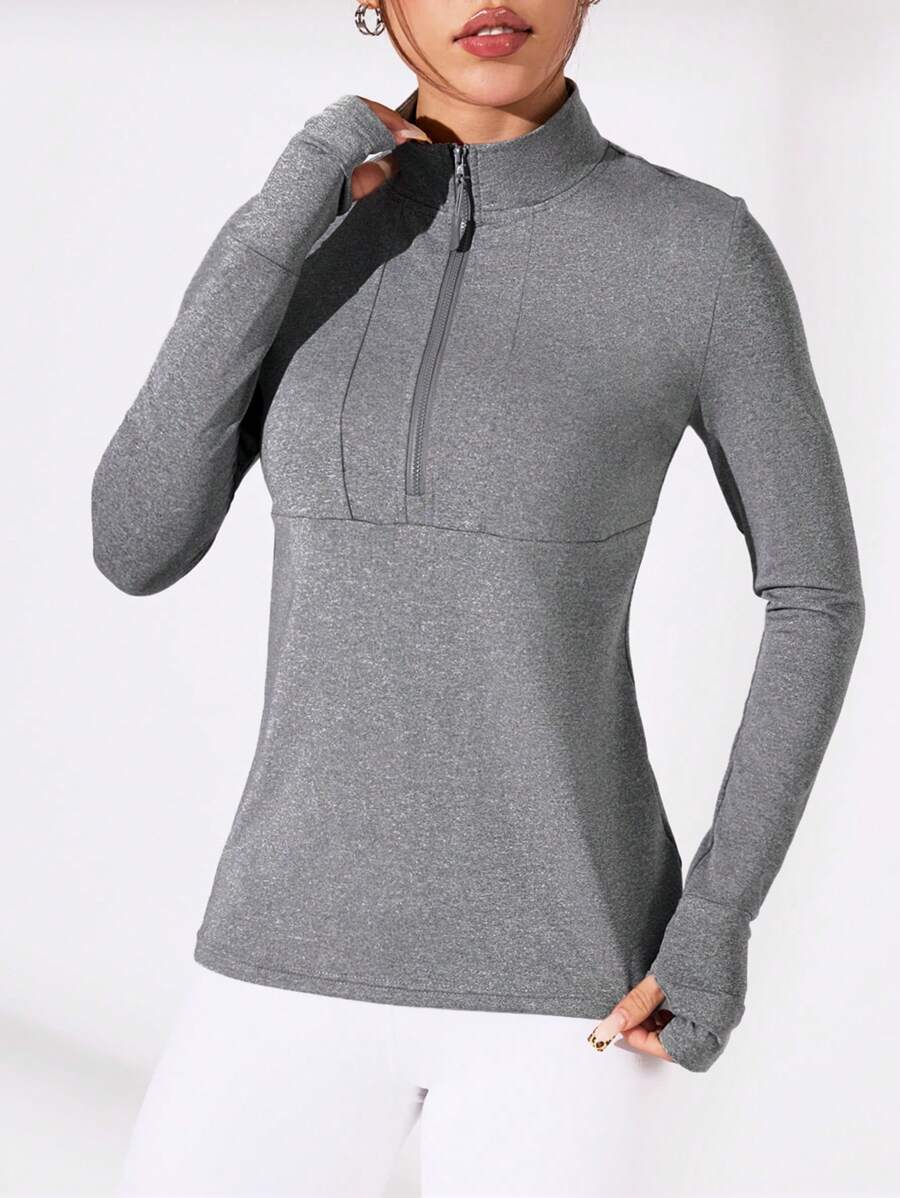 Easithlete Women Casual Minimal Fitted Zipper Funnel Neck Thumb Hole Sporty Sweatshirt, Autumn - Grey - View 1