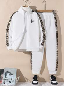 SHEIN Leap Crew 2 件套青少年男孩休闲拼布几何字母印花立领宽松拉链前连帽衫和宽松裤针织运动服套装，适合上学、日常、度假、运动、秋冬 - 彩色 - 查看 2