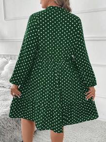 SHEIN Clasi Plus Size Solid Color Polka Dot Print V-Neck Long Sleeve Dress