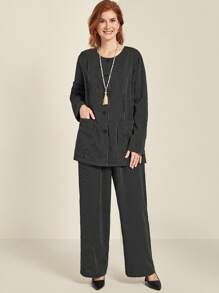 EMERY ROSE Conjunto casual de duas peças com estampa listrada plus size, inclui blusa e calça, adequado para o outono - Preto - Ver 1