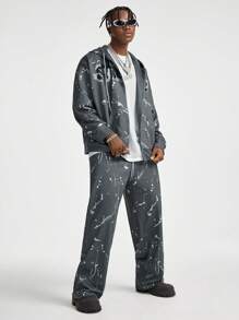 Manfinity VCAY Men's Digital Print Loose Knitted Long Sleeve Sweatshirt Set, For Fall Winter - Dark Grey - View 4