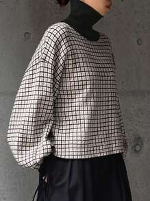 FRIFUL Women's Autumn Baggy Drop Shoulder Long Sleeve Plaid Knitted Sweater
